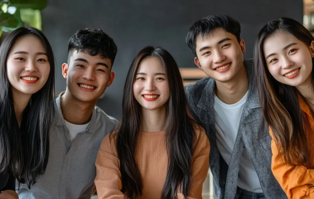 Five young Asian adults, three women and two men with long dark hair, standing close together and smiling warmly at the camera. They wear casual sweaters in gray, orange, and brown tones, against a dark gray background with green plants in the upper left corner.