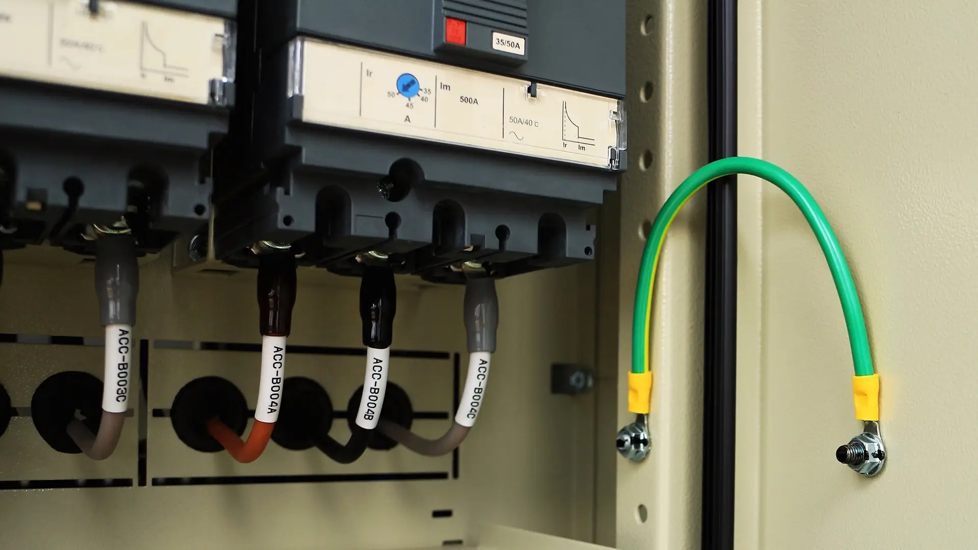 An electrical panel featuring two gray circuit breakers rated at 35/50A and 500A, with labeled cables (ACC-B00C and ACC-B00A) in black, orange, and gray colors connected to the terminals. A green grounding wire with yellow markings is attached to the side of the panel with a screw.