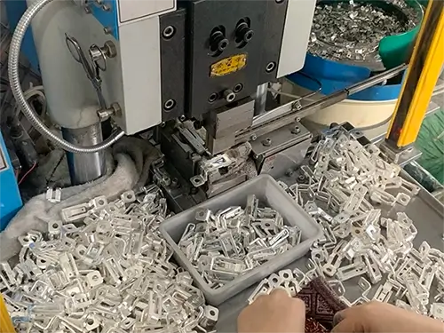 A close-up view of riveting product components.