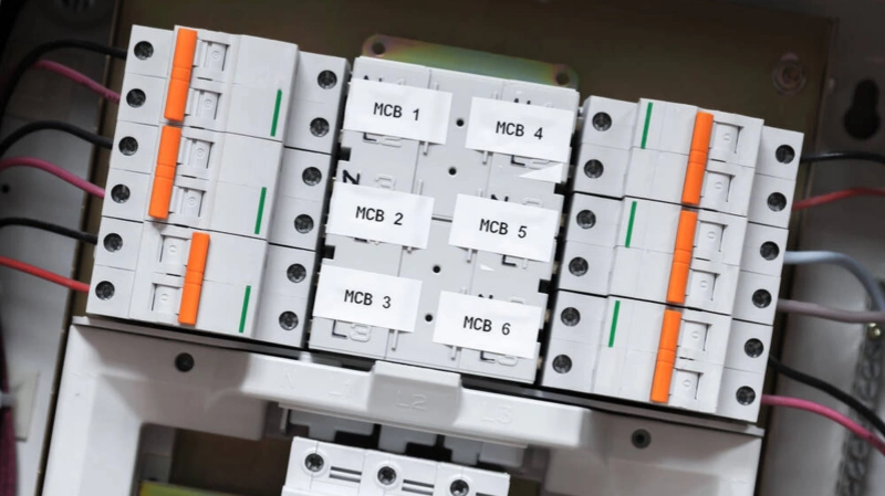 Electrical panel with automatic circuit breakers and wires
