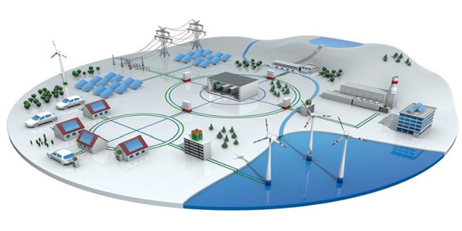 A circular illustration of a smart grid system featuring renewable energy sources like solar panels, wind turbines, and hydroelectric power, interconnected with homes, buildings, and power infrastructure, showcasing energy distribution and sustainability.