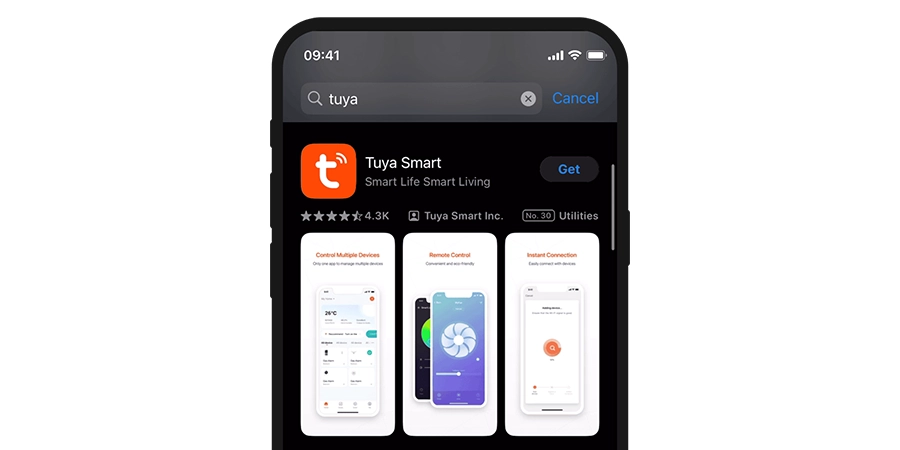 A smartphone screen displaying the Tuya Smart app page with a 4.3K rating, showing app features like device control, remote access, and instant connection for smart home management, with the time 09:41 and a search bar for