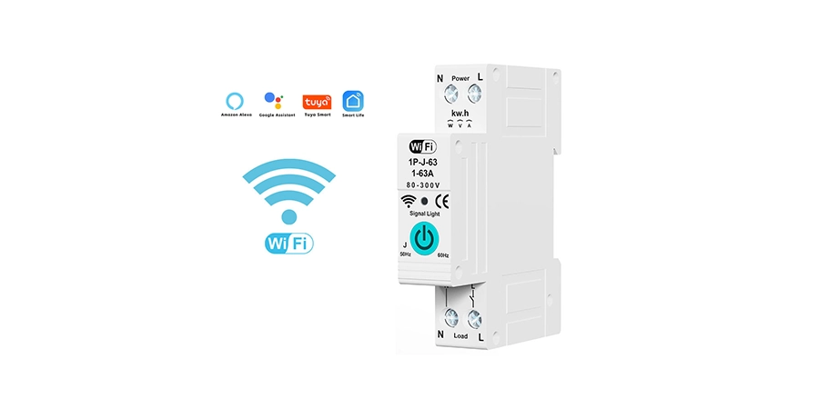 A white WiFi smart switch labeled 1P-J-63, featuring a power button and compatibility icons for Amazon Alexa, Google Assistant, Tuya Smart, and Smart Life, with a WiFi symbol on the top right.