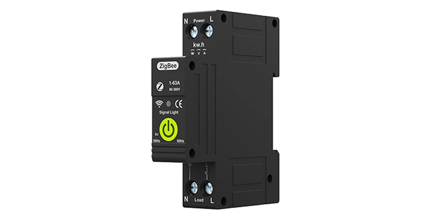A black ZigBee smart switch labeled 1-63A, designed for home automation, featuring a yellow power button, signal light indicator, and specifications for 80-300V and 50/60Hz operation