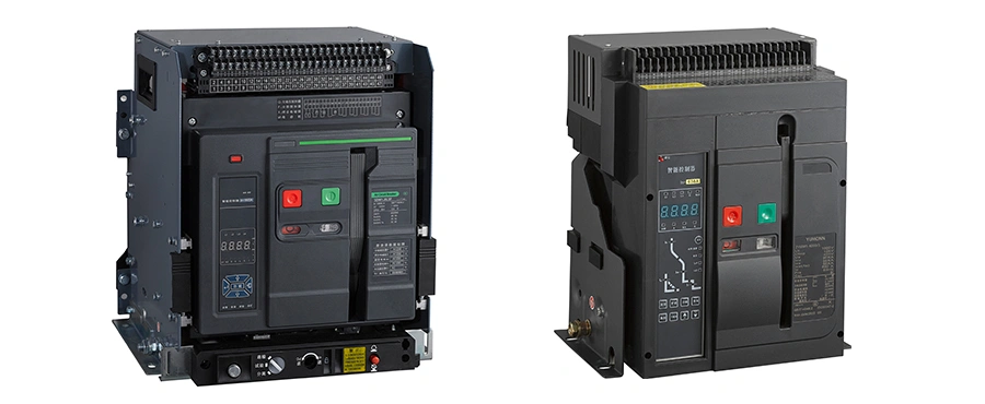 2 black air circuit breakers with digital displays, featuring red and green buttons, and various control panels, positioned side by side.