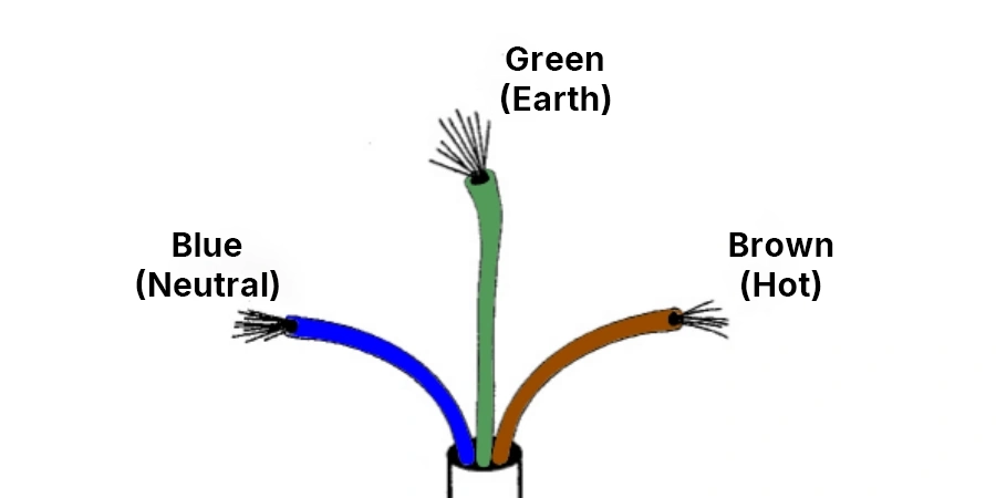 Electrical wire color coding diagram showing green (earth/ground), blue (neutral), and brown hot wires.