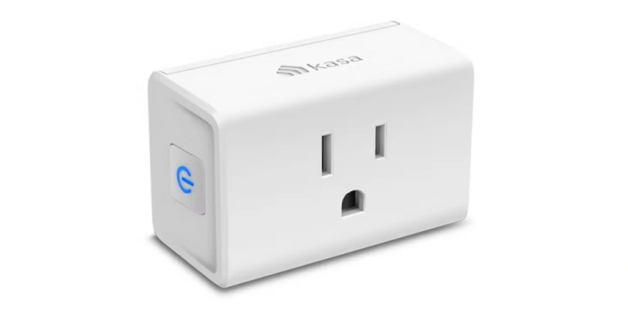 Image of a white Kasa Smart Plug with a power button