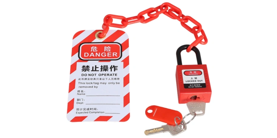 A red lockout tagout safety device with a padlock, chain, and keys, featuring a tag with red and white stripes and the text 'DANGER DO NOT OPERATE' in English and Chinese, along with fields for name, date, and expected completion. The padlock is labeled 'LOCKED OUT' with a 'NO ENTRY' symbol