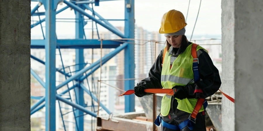 A construction worker wearing a yellow hard hat, orange safety harness, and high-visibility vest, adjusting a safety strap on a construction site with blue scaffolding and a cityscape in the background.