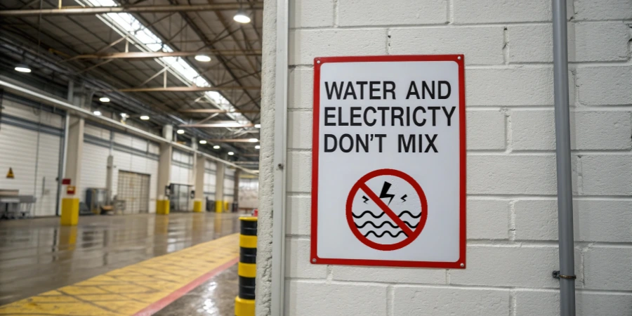 A safety sign with a red border and the text 'WATER AND ELECTRICITY DON’T MIX' in black, featuring a crossed-out symbol of a lightning bolt over water waves, mounted on a white wall in an industrial warehouse with a wet floor and yellow caution markings