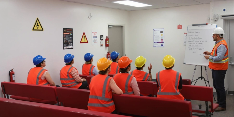 A group of workers wearing orange high-visibility vests and hard hats (blue and yellow) seated in red chairs, attentively listening to an instructor in an orange vest and white hard hat, who is pointing at a whiteboard with a list, in a room with safety signs and fire extinguishers on the walls.