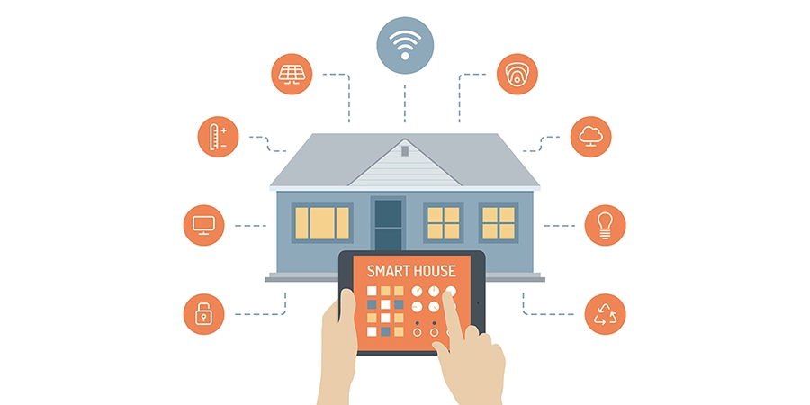 Illustration of a smart house controlled by a tablet, with icons representing Wi-Fi, solar energy, thermostat, security, lighting, and cloud connectivity surrounding the house.