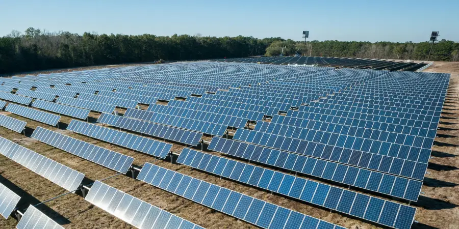 An aerial view of a vast solar panel farm with rows of blue photovoltaic panels spread across a field, set against a clear sky with a forested area in the background.