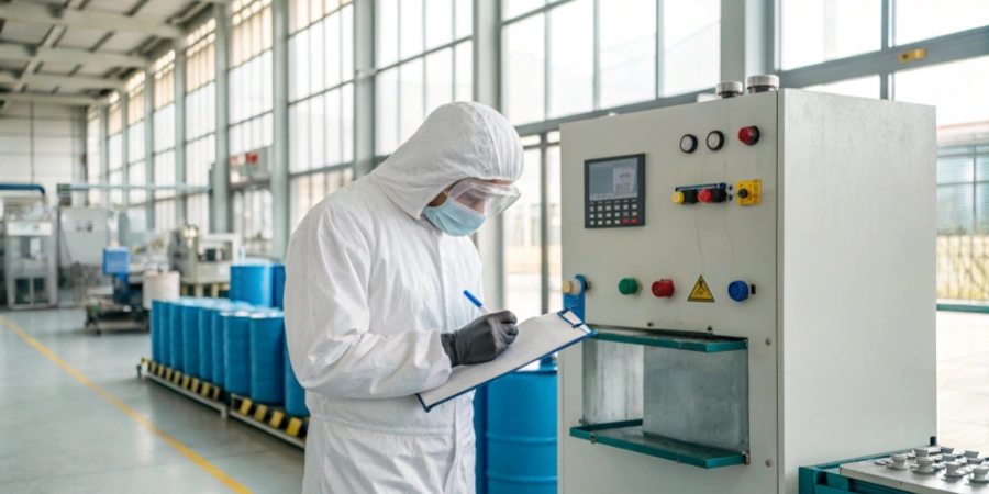 A worker in a white protective suit and mask, holding a clipboard and pen, inspecting a control panel with buttons and a screen in a modern factory. Blue barrels and industrial machinery are visible in the background with large windows allowing natural light.