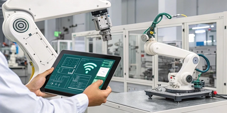 An engineer in a white lab coat holding a tablet displaying a technical diagram and wireless icon, standing next to a white industrial robot arm with a green hose in a modern factory setting with machinery and glass panels in the background.