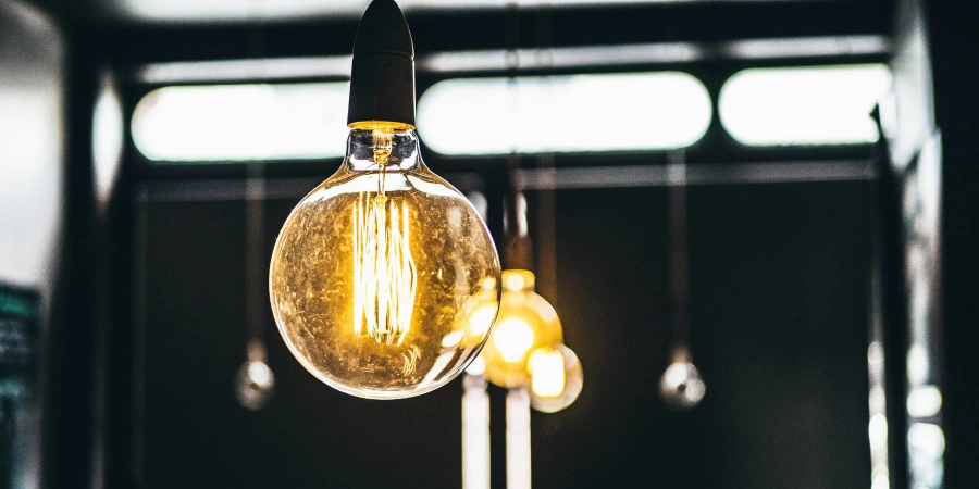 A close-up view of vintage Edison bulbs with glowing filaments, hanging from the ceiling in a dimly lit room, creating a warm ambiance.
