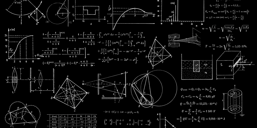 A black background filled with various white mathematical and geometric diagrams, including equations, graphs, geometric shapes, optical lenses, and 3D models, representing advanced physics and mathematics concepts.