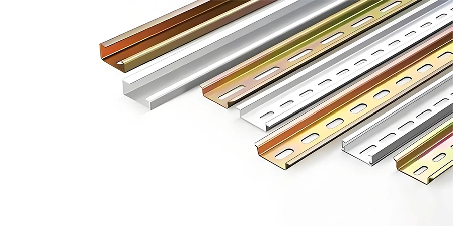 An assortment of metal strips in various colors, including silver, yellow, and bronze, with slotted holes