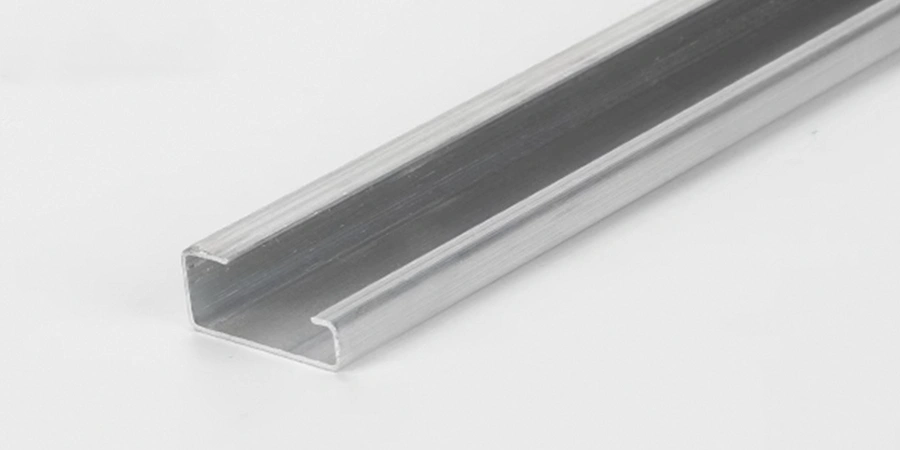 A silver metal strip with slotted holes, used for mounting or structural support.