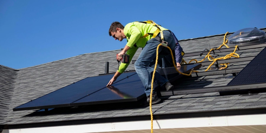 A worker in a bright green safety harness installs solar panels on a sloped rooftop under a clear blue sky, with yellow safety ropes and tools visible.