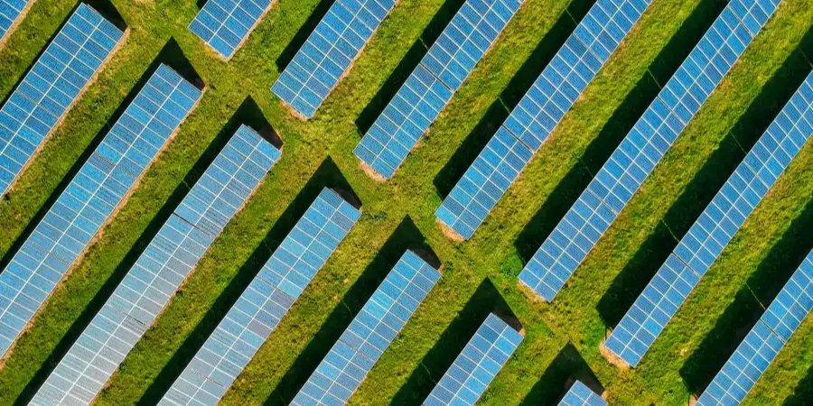 An aerial view of a solar panel farm with rows of blue photovoltaic panels arranged in a grid pattern, surrounded by green grass under a clear sky.