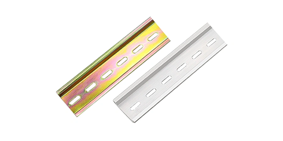 Two metal strips, one silver and one yellow, both with slotted holes for mounting or structural purposes.