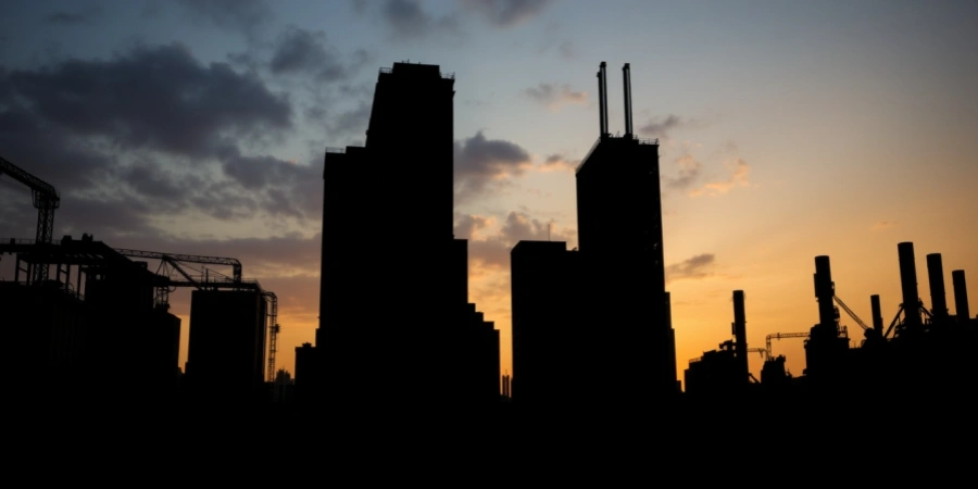 A silhouette of an industrial cityscape at sunset, featuring tall buildings, cranes, and factory chimneys against a colorful sky with orange and purple hues, darkened due to a power outage.