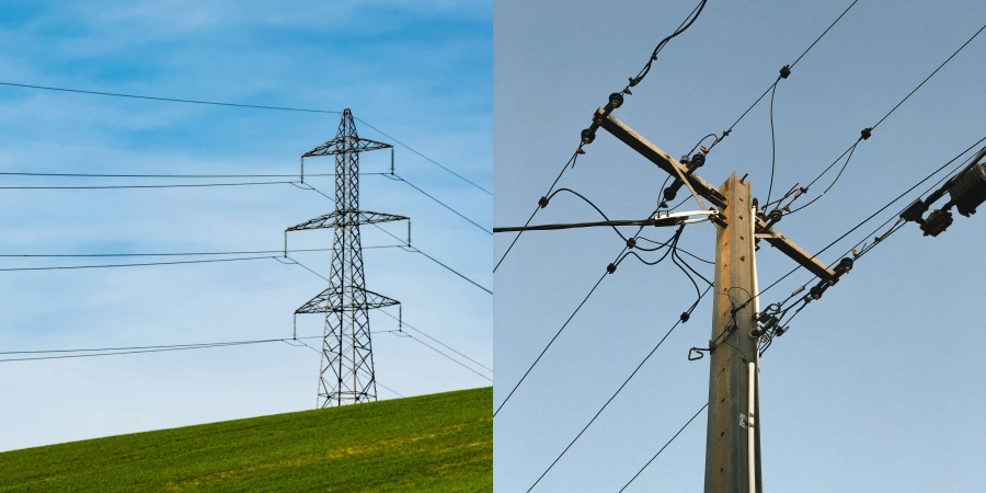 A side-by-side image showing a tall metal transmission line tower with multiple wires on a green hill under a blue sky, and a wooden utility pole with distribution lines against a clear sky.
