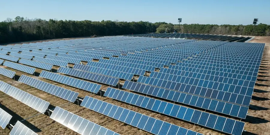 An expansive solar panel farm with rows of blue photovoltaic panels stretching across a field, surrounded by a forest under a clear blue sky.