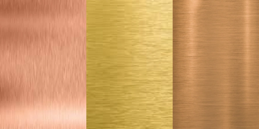 Three panels showcasing metallic textures, from left to right: a copper-toned surface, a golden-brass center, and a bronze finish on the right, all with a smooth, brushed appearance.