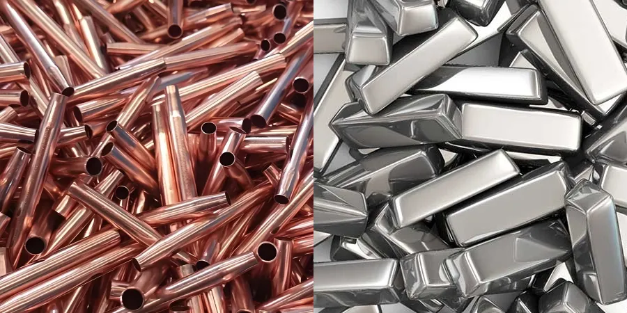 A split image showing two types of metal materials. The left side displays a pile of shiny copper tubes with hollow centers, exhibiting a reddish-brown hue. The right side features a heap of polished silver ingots, rectangular and silver in color, reflecting light.