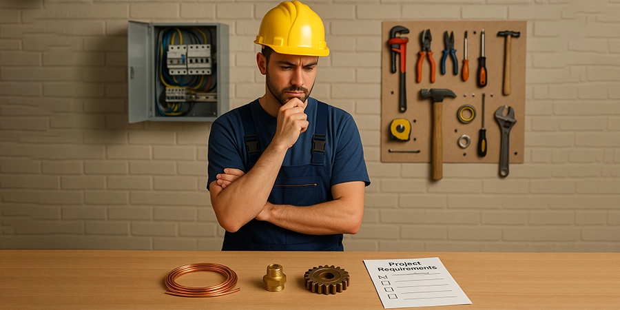 An electrician in a workshop, wearing a hardhat and safety gear, holding a wrench and surrounded by copper pipes and a checklist, demonstrating expertise in the construction industry.
