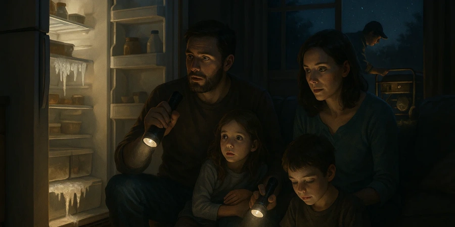 A family sitting together in a darkened room during a power outage, using flashlights for light, with an open refrigerator showing frost and a person working on a generator in the background.