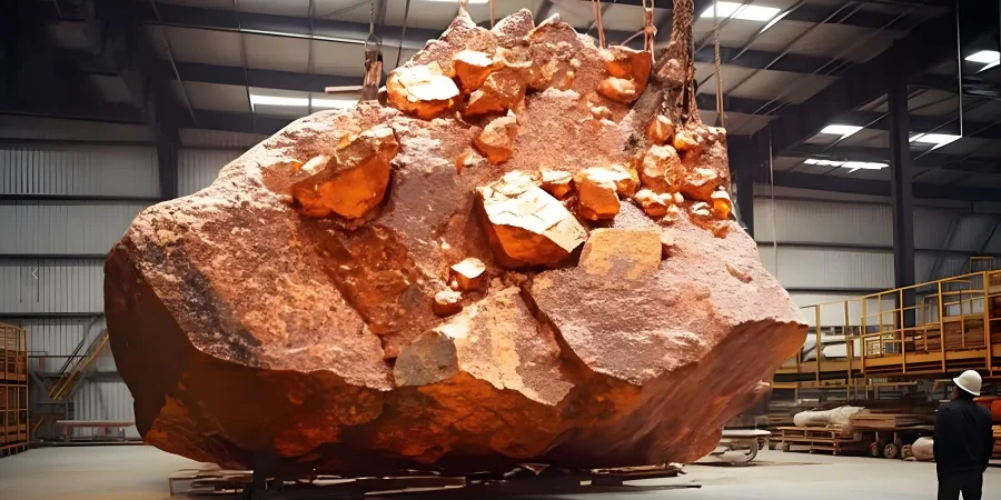A large copper ore rock with a rough, reddish-brown surface, suspended in a spacious warehouse, with a person in a hard hat standing nearby for scale.