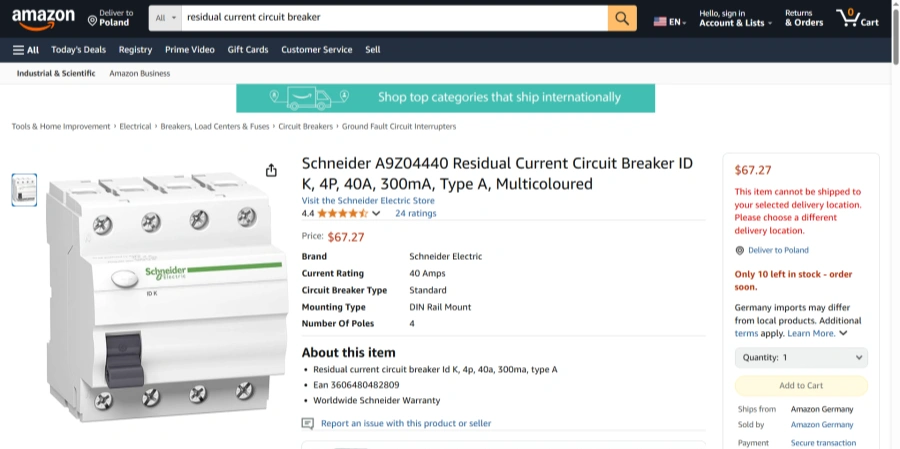 An Amazon product page displaying a Schneider A9Z04440 residual current circuit breaker, 4-pole, 40A, 300mA, Type A, multicolored, with a price of $67.27, 4.4-star rating, and details including DIN rail mount and worldwide warranty, shipped from Germany, with a note on limited stock and delivery restrictions.
