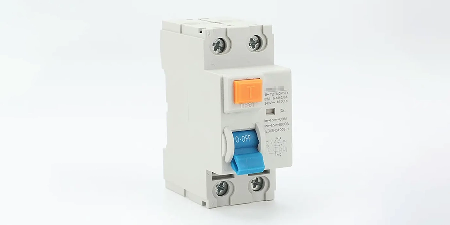 A white Residual Current Device (RCD) switch with a blue