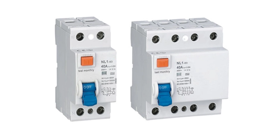 Two NL1-63 model 40A residual current circuit breakers, white casing, with blue switches and orange test buttons, displaying technical specifications and certification marks, suitable for electrical safety protection.
