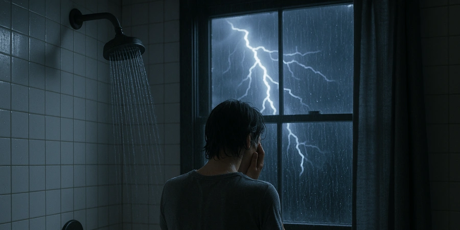 A person standing under a shower with water flowing, facing a window where a bright lightning strike illuminates a rainy night sky.
