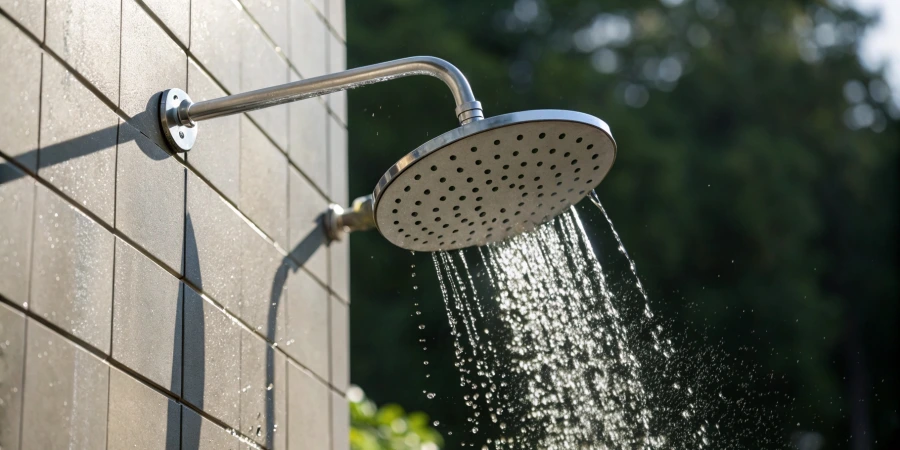 A modern showerhead mounted on a tiled wall, releasing a steady stream of water, with a lush green background suggesting an outdoor setting.