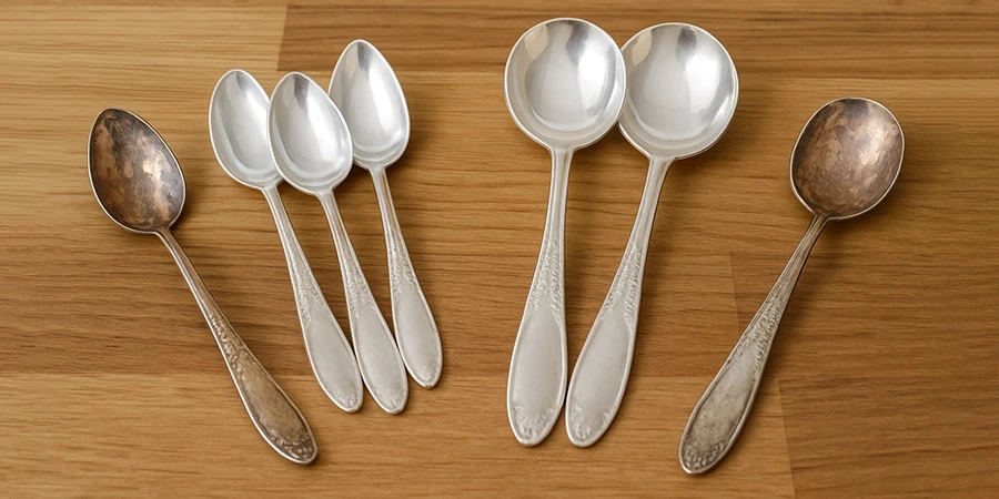 An image of six silver spoons placed on a wooden surface. Two spoons on the left and one on the right show tarnish with a darkened, brownish patina. The three spoons in the center are polished, reflecting light with a shiny, silver finish. The handles of all spoons feature intricate designs.