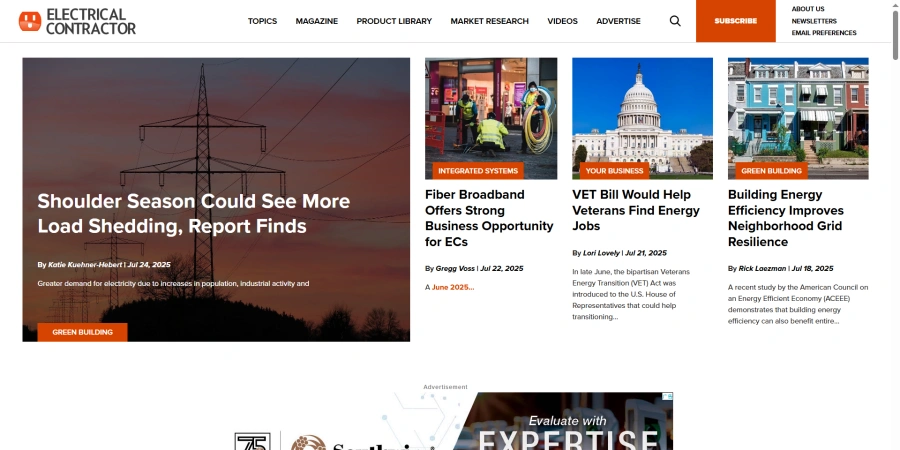 Screenshot of the Electrical Contractor homepage with orange logo and navigation: Topics, Magazine, Product Library, Market Research, Videos, Advertising, Subscribe, About Us, Newsletters, Email Preferences. Main article on shoulder season load shedding (Jul 24, 2025) with power line image at sunset. Side articles cover fiber broadband opportunities, VET bill for veterans in energy jobs, and building energy efficiency for grid resilience. Bottom banner promotes expertise.