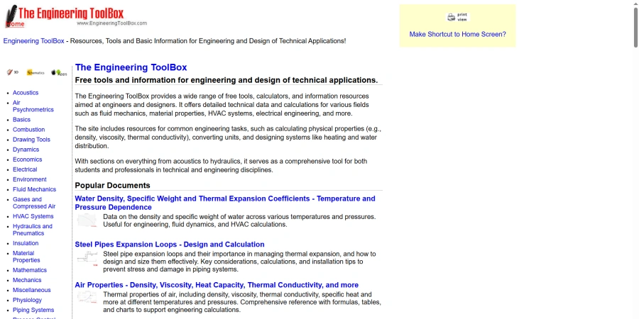 Screenshot of The Engineering ToolBox homepage with red feather logo and sidebar categories like Acoustics, Electrical, Fluid Mechanics, HVAC Systems, and more. Main content highlights free tools, calculators, and resources for engineering, including popular sections on water density, steel pipe expansion, and air properties.