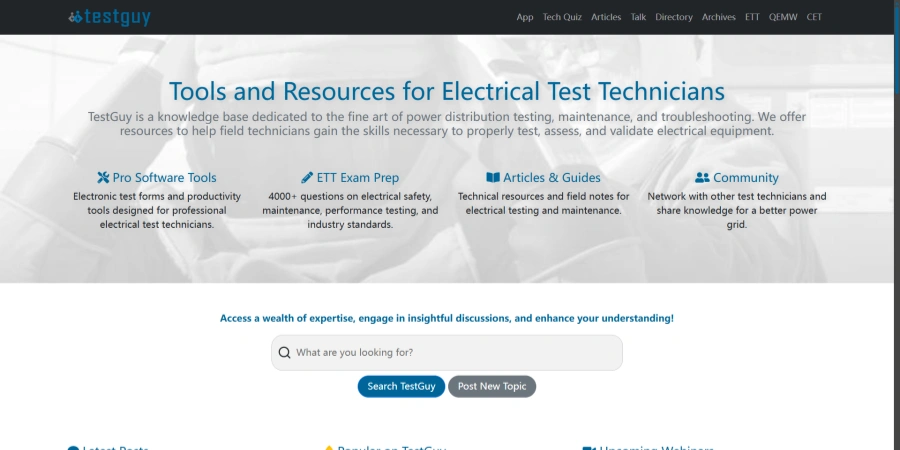 Screenshot of the TestGuy homepage with blue logo and navigation: App, Tech Quiz, Articles, Talk, Directory, Archives, ETT, QEMW, CET. Header reads 