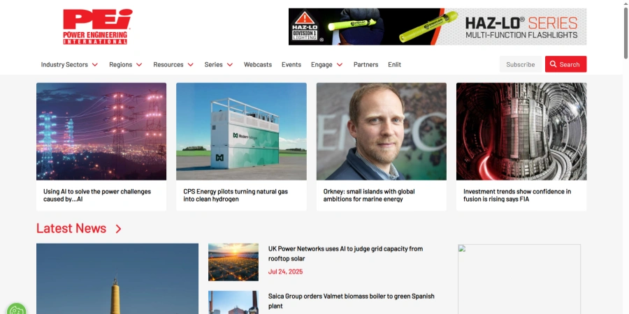 Screenshot of the PEI (Power Engineering International) homepage with red logo and banner for HAZ-LOC Multifunction Flashlights. Navigation includes Industry Sectors, Regions, Resources, Series, Webcasts, Events, Engage, Partners, Enlit, Subscribe, and Search. Featured articles on AI in power challenges, CPS Energy hydrogen pilot, Orkney marine energy, and fusion investment trends, with images of city lights, a hydrogen facility, a man, and a fusion device. Latest News section shows UK Power Networks AI grid capacity (Jul 24, 2025) and Saica Group biomass boiler.