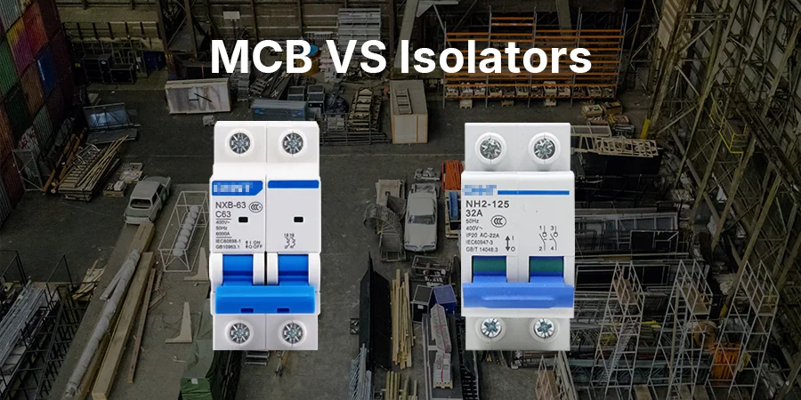 A top-down view of an industrial warehouse with construction materials and equipment in the background. In the foreground, two electrical devices are prominently displayed: an MCB (Miniature Circuit Breaker) labeled NXB-63 C63 on the left, and an isolator labeled NH2-125 3P 400A on the right. Both devices have blue switches and white casings with technical specifications. The text 'MCB VS Isolators' is overlaid in large white letters with a black outline.