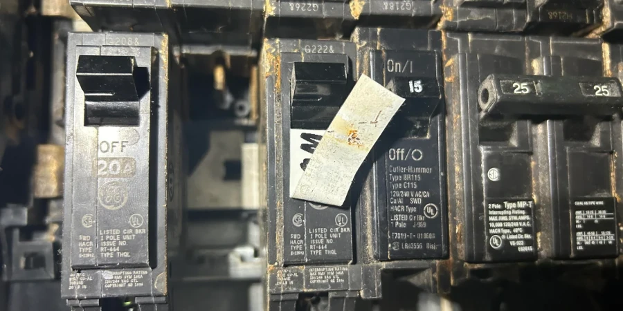 A close-up view of several corroded circuit breakers in an electrical panel, with visible rust and wear. The breakers are labeled with ratings such as 20A, 15A, and 25A, and brands like GE and Cutler-Hammer, with some switches in the