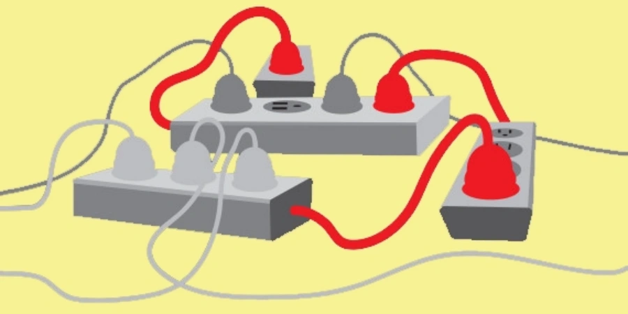 An illustration showing two power strips daisy-chained together with red and gray cables. Multiple plugs are connected to the strips, with red plugs inserted into one strip and gray plugs into another, all set against a light yellow background.