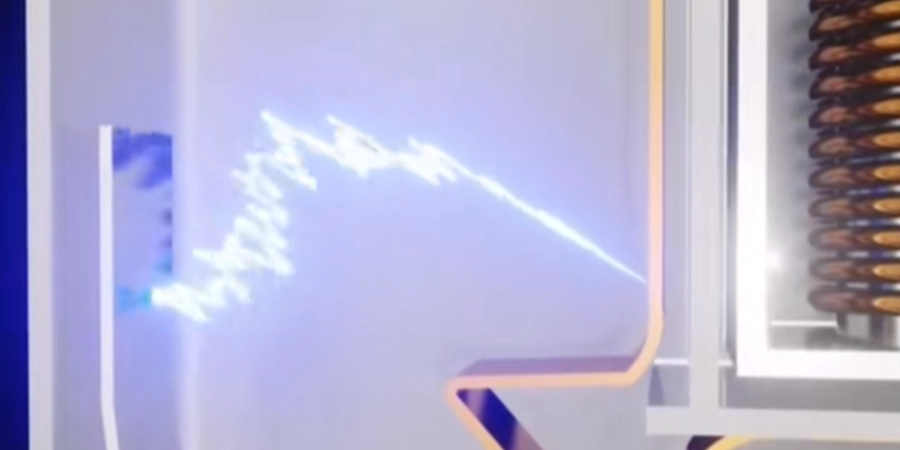 A digital illustration showing bright blue electric arcs sparking inside a miniature circuit breaker (MCB), with a coil and metal components visible on the right side, set against a light background.