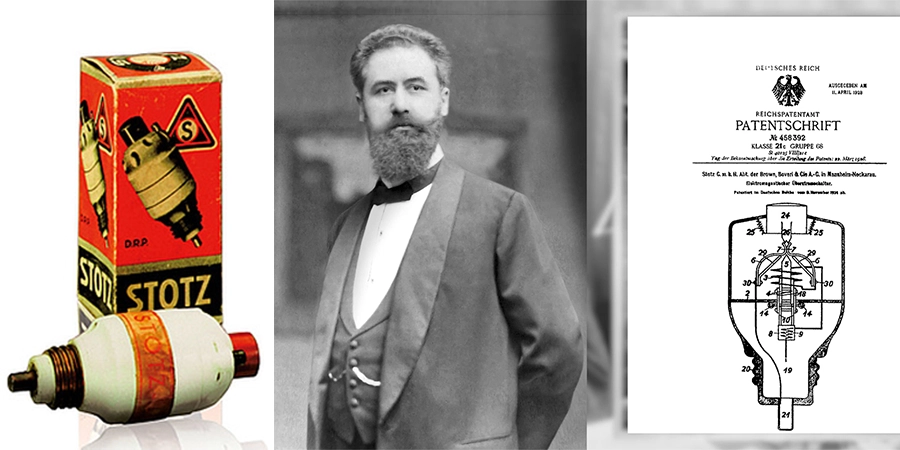 A collage featuring three images related to Hugo Stotz and his early circuit breaker invention. On the left, a vintage red and white box labeled 