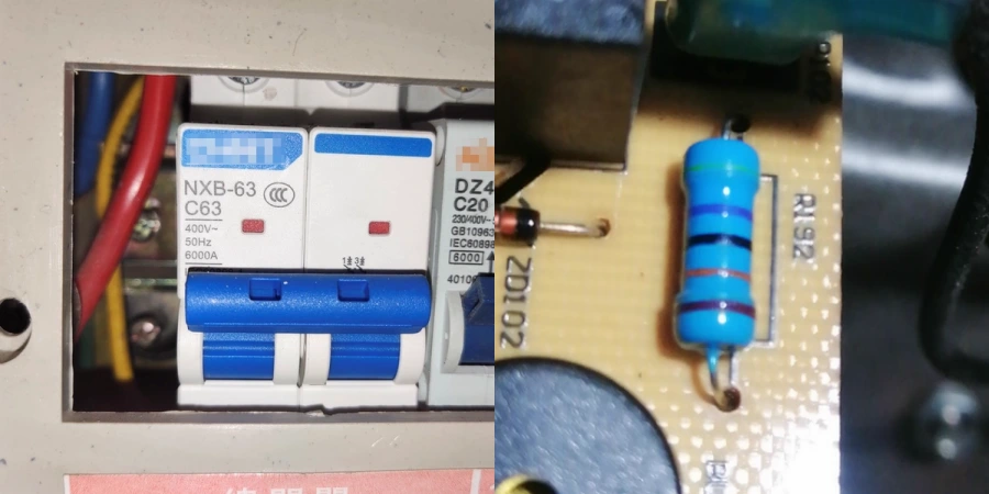 A split image featuring two electrical components. On the left, an open electrical panel shows three MCBs (Miniature Circuit Breakers), mounted with blue switches and connected by colorful wires (red, blue, yellow, and green). On the right, a close-up view of a circuit board highlights a blue cylindrical resistor labeled "R192" with colored bands (green, blue, red, and black), soldered onto the board.